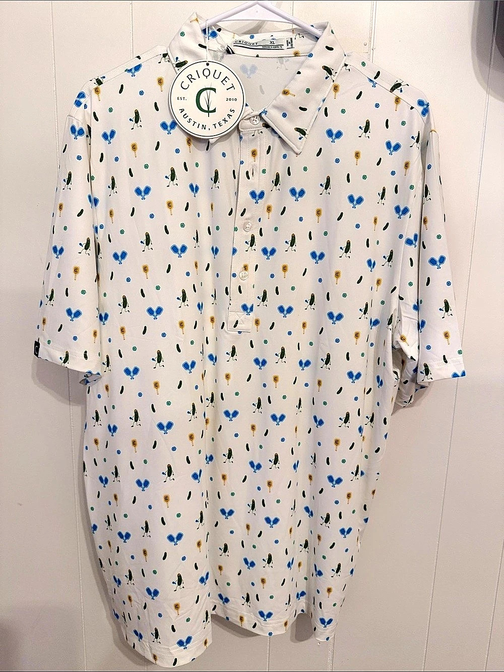 Criquet Players Polo Pickleball Print White & Blue XL NWT